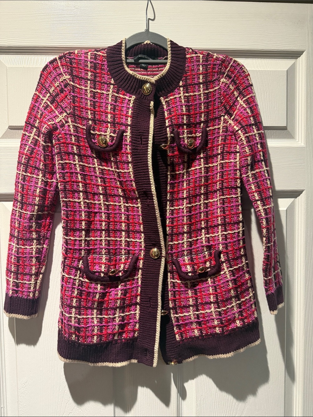 Ann Taylor Pink & Purple Tweed Longline Cardigan Jacket